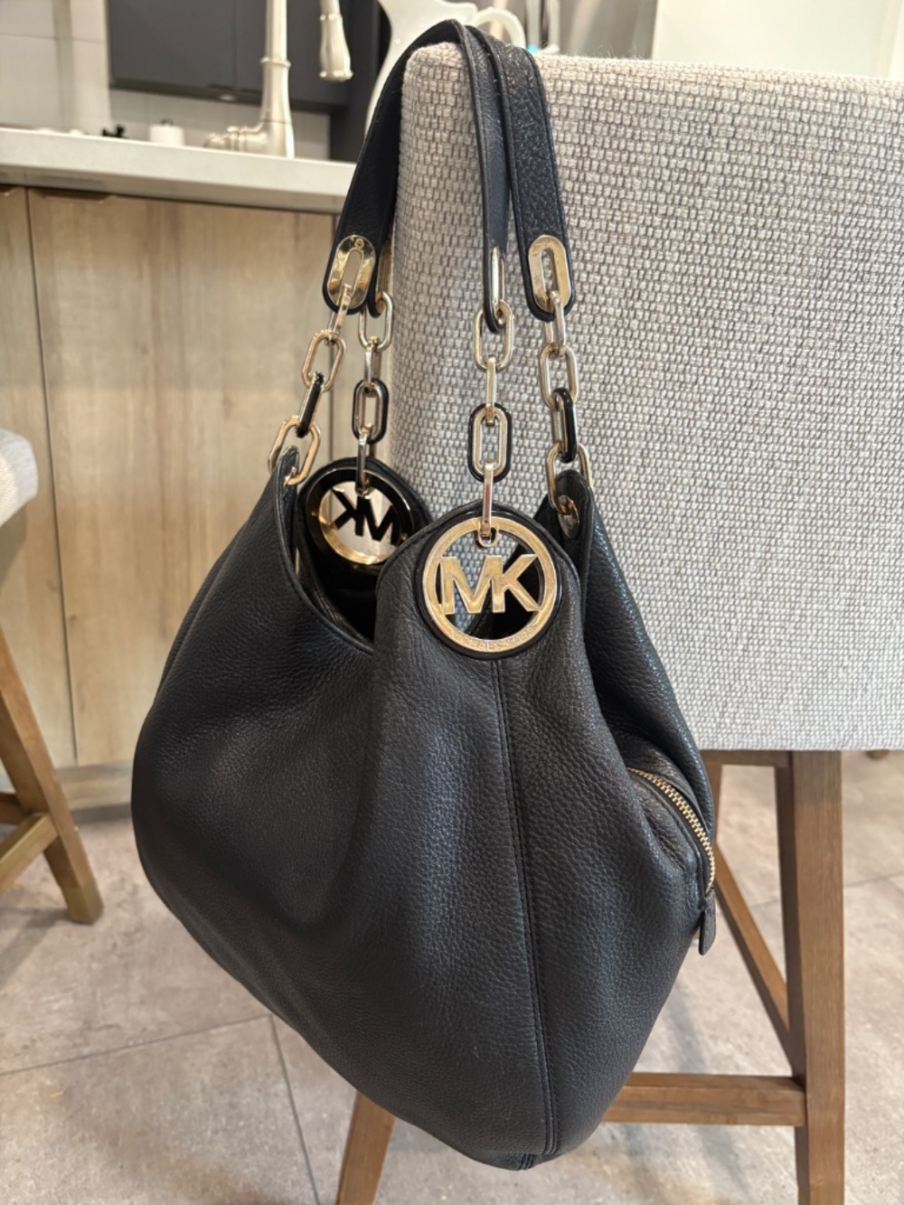 MICHAEL Michael Kors Fulton Black Pebbled Leather Hobo Shoulder Bag Gold Chain
